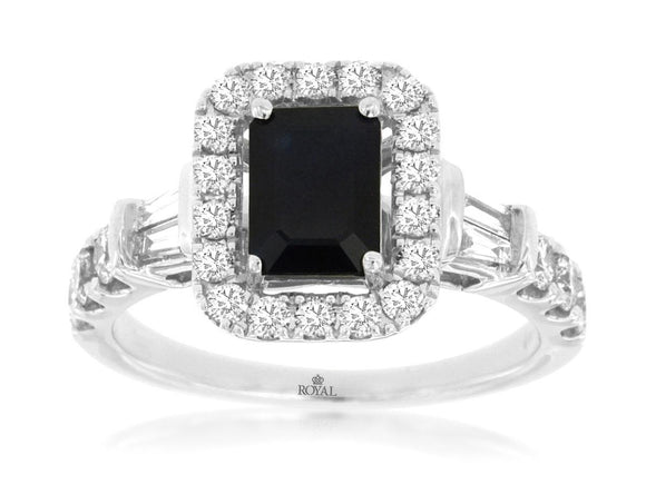 Emerald Cut Sapphire and Diamond Halo Ring