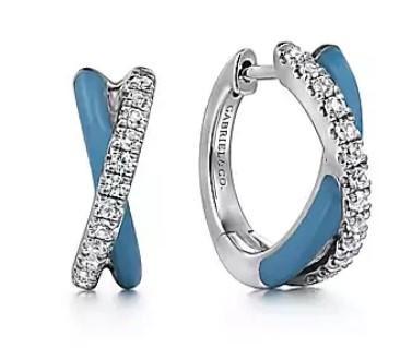 White Sapphire and Blue enamel Huggie Earrings