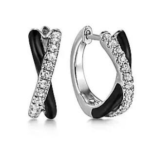 White Sapphire and Black Enamel Huggie Earrings