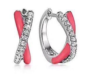 White Sapphire with pink enamel  huggie earrings