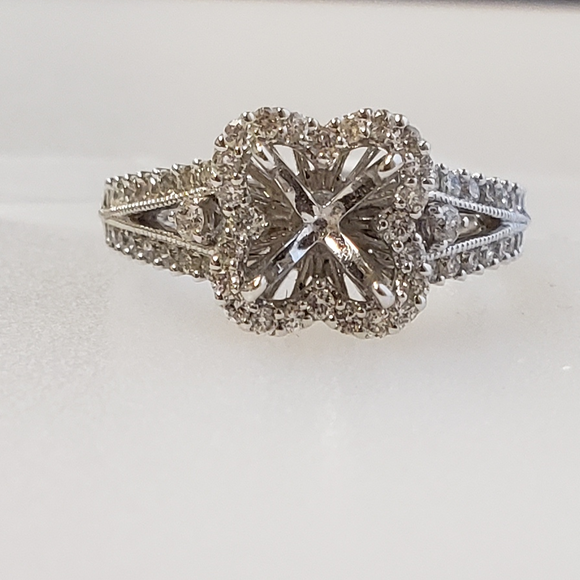 14K White Gold Clover Halo Diamond Engagement Ring